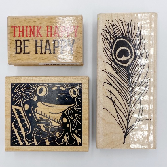 Wooden Rubber Ink Stampers Peacock Feather, Frog, Think Happy Be Happy Stampers - Picture 1 of 11